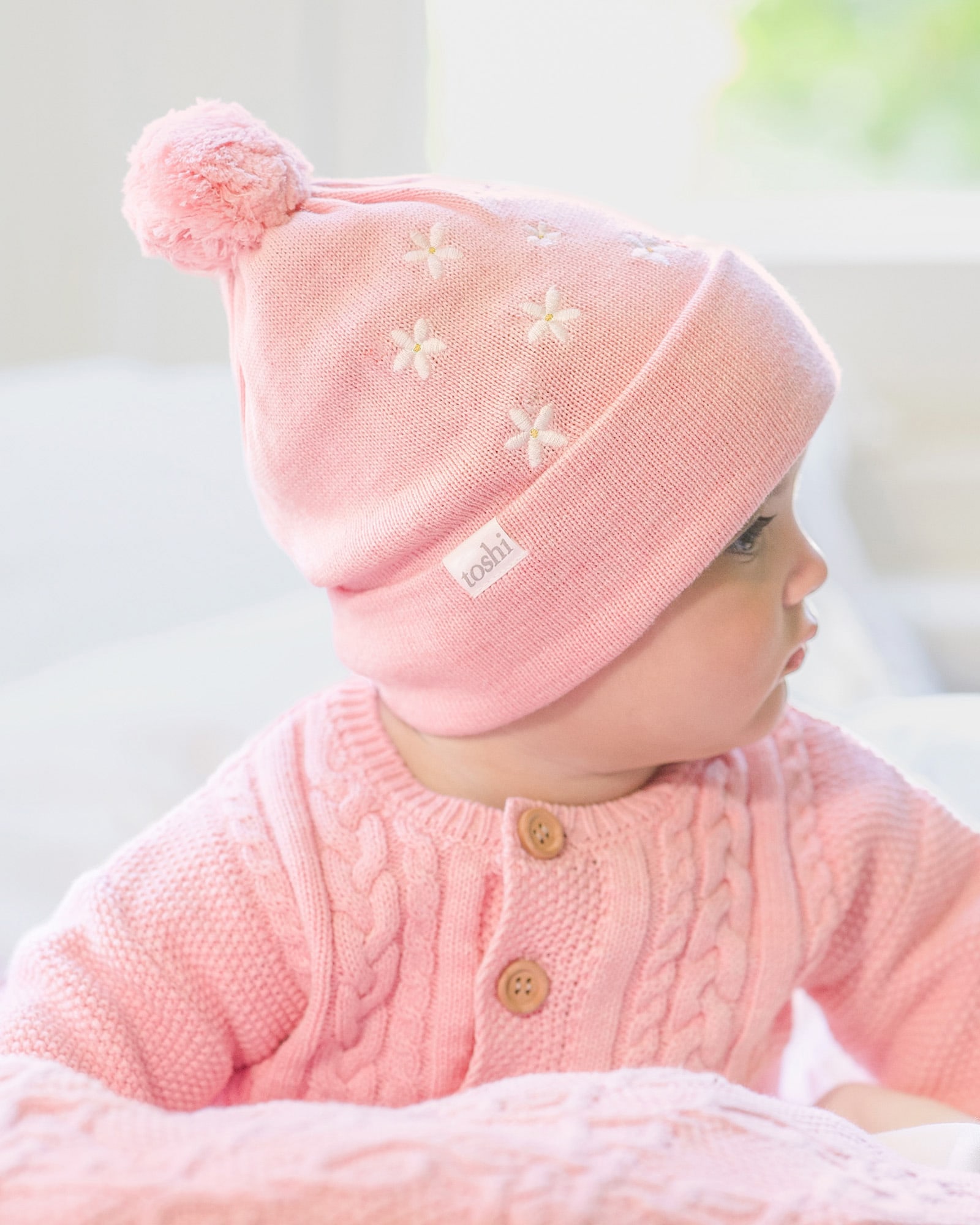 Baby Beanie | Pink Floral | Organic Cotton | Toshi